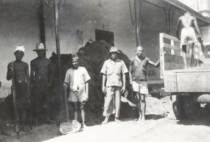 159 bij de rijstfabriek te Indramajoe rijst inladen vrachtwagen